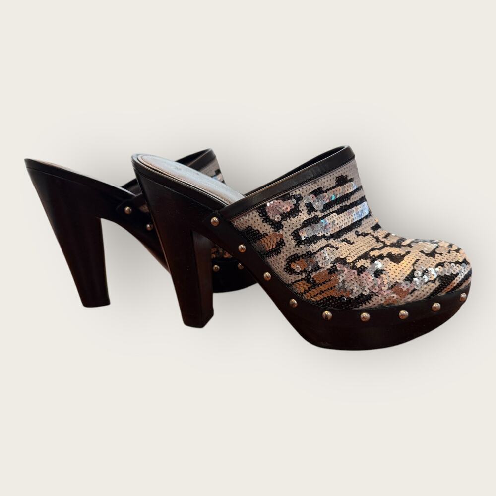 Vintage Coach Bacall Leopard Sequin Platform Clogs - Picture 3 of 6